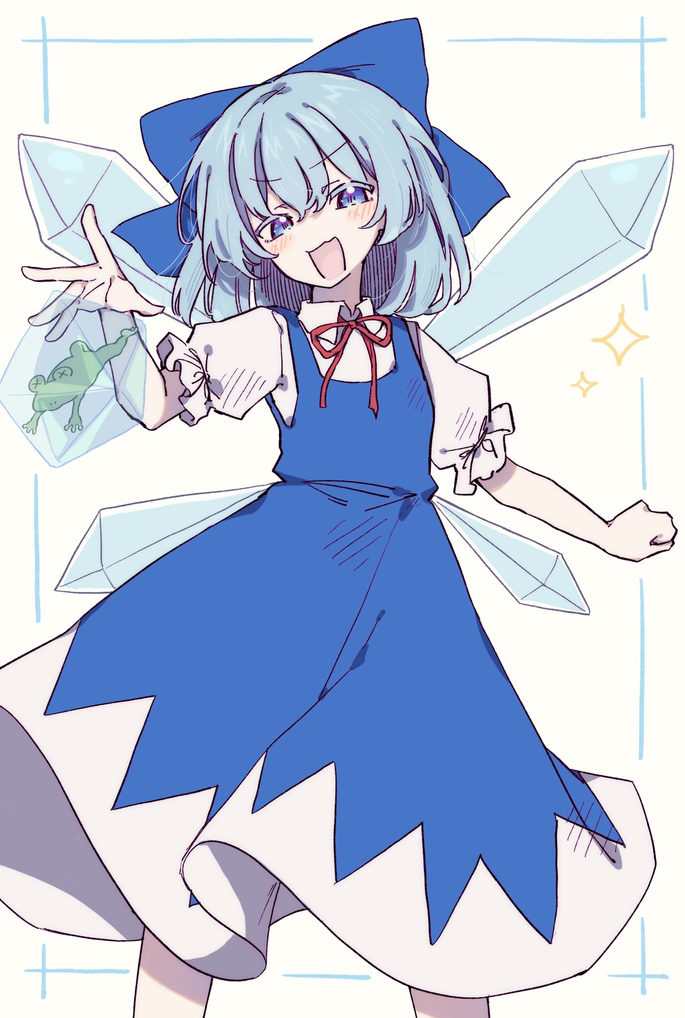 cirno, touhou, highres, 1girl, :d, blue bow, blue dress, blue eyes, blue hair, blush, bow, dress, fairy, frog, frozen frog, hair between eyes, ice, ice wings, looking at viewer, medium hair, okura 0915, open mouth, shirt, short sleeves, smile, solo, two-tone dress, white dress, white shirt, wings