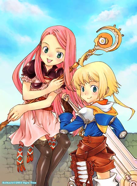 ogretree, saikachi, saikachi (ogre tree), marche radiuju, ritz malheur, final fantasy, final fantasy tactics, final fantasy tactics advance, 1boy, 1girl, green eyes, long hair, pink hair, skirt, staff, sword, thighhighs, weapon