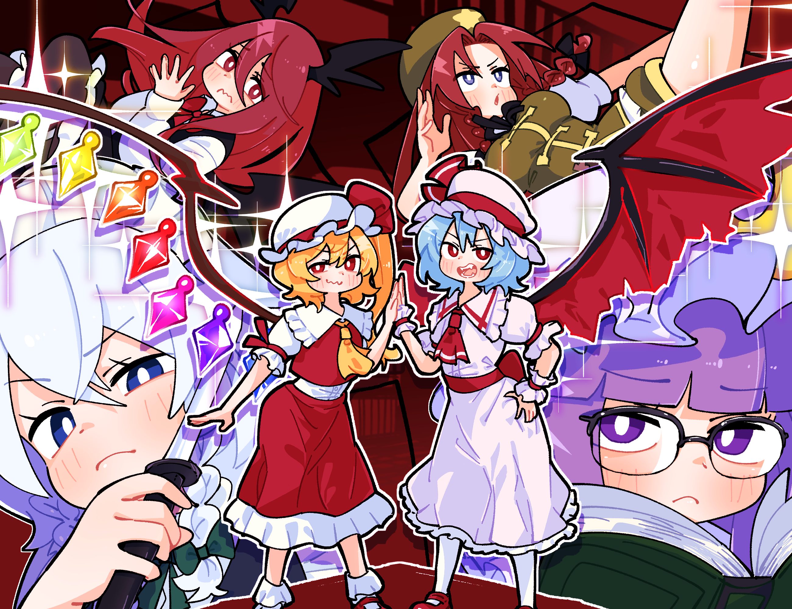 gram 9, flandre scarlet, hong meiling, izayoi sakuya, koakuma, patchouli knowledge, remilia scarlet, touhou, commentary, highres, 6+girls, ascot, bat wings, black vest, blonde hair, blue eyes, blue hair, blush, book, bow, braid, bright pupils, closed mouth, collared shirt, crescent, crescent hat ornament, crystal, crystal wings, demon wings, frilled shirt collar, frills, green bow, green hat, green vest, grey hair, hair bow, hand on another's hand, hat, hat ornament, hat ribbon, head wings, high kick, holding, holding book, holding knife, kicking, knife, long hair, maid headdress, mary janes, mob cap, multicolored wings, multiple girls, open book, open mouth, own hands together, palms together, pantyhose, pink shirt, pink skirt, purple eyes, purple hair, red ascot, red eyes, red hair, red shoes, red skirt, red vest, ribbon, shirt, shoes, siblings, sisters, skirt, skirt set, smile, socks, star (symbol), star hat ornament, twin braids, vest, white hat, white pantyhose, white pupils, white shirt, white socks, wings, wrist cuffs, yellow ascot