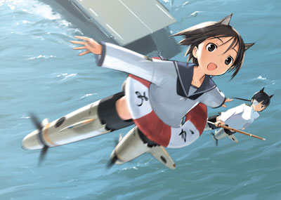 shimada fumikane, miyafuji yoshika, sakamoto mio, strike witches, world witches series, lowres, 00s, 2girls, aircraft carrier, animal ears, cat ears, flying, innertube, lifebuoy, military, military vehicle, multiple girls, ocean, school uniform, serafuku, shinai, ship, striker unit, swim ring, sword, warship, watercraft, weapon
