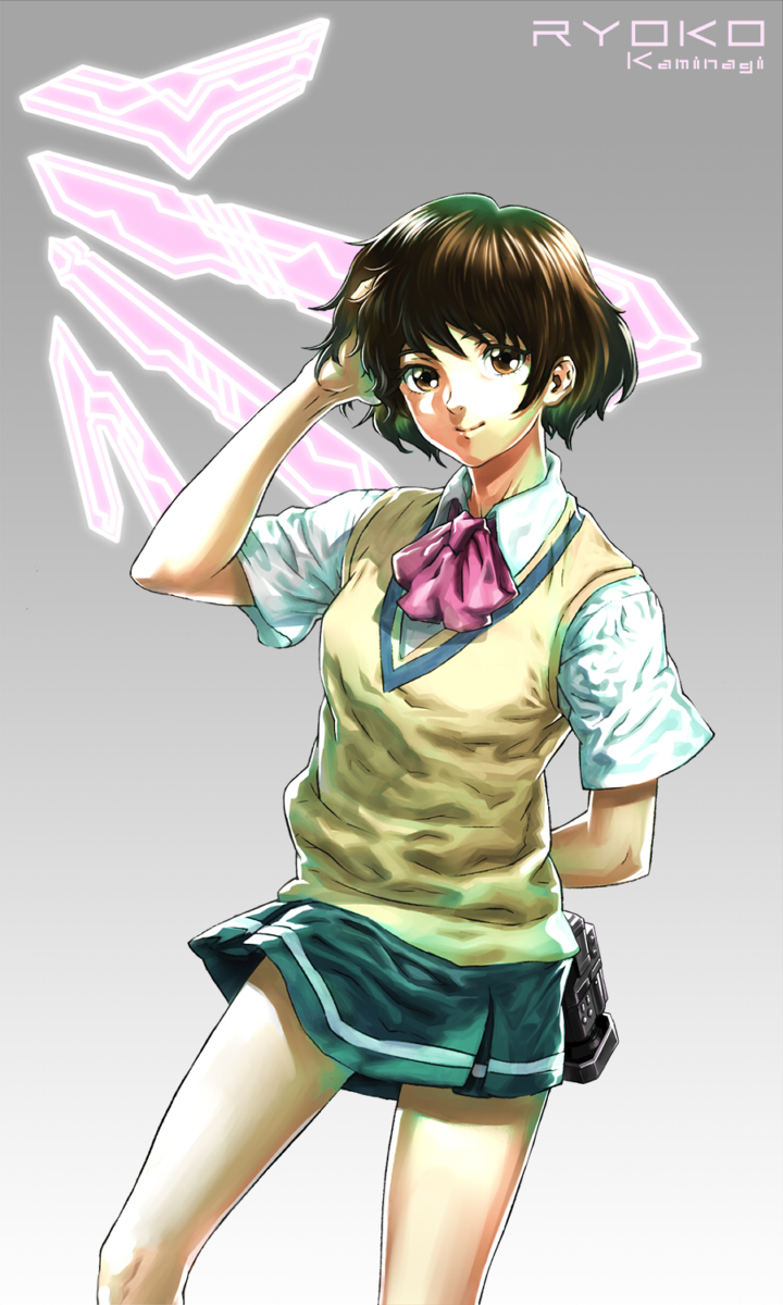 diolemonde, kaminagi ryouko, zegapain, highres, 00s, brown eyes, brown hair, school uniform, serafuku, short hair, solo, sweater vest, vest