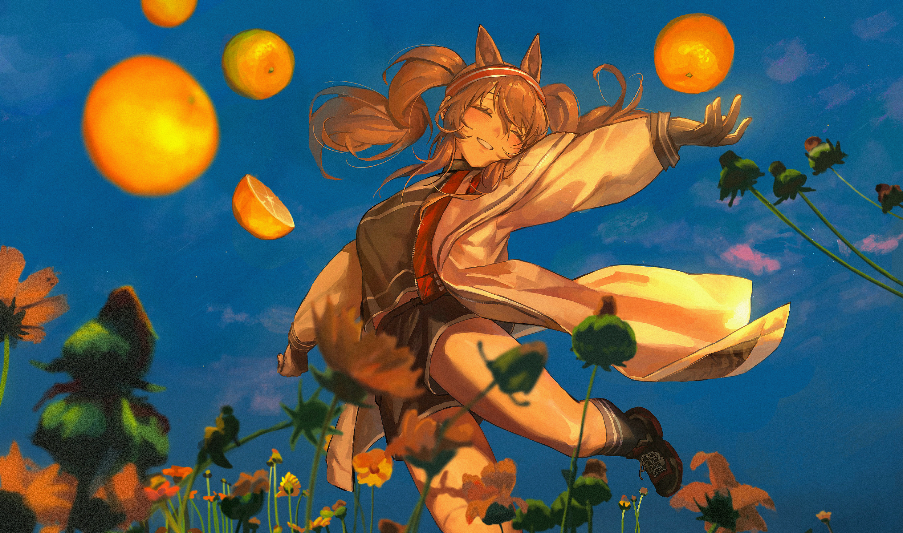 kirihara aki, angelina (arknights), arknights, highres, 1girl, animal ears, black gloves, black shirt, black shoes, black shorts, black socks, blush, brown hair, closed eyes, food, fruit, gloves, hair between eyes, hairband, jacket, long hair, orange (fruit), parted lips, red hairband, shirt, shoes, shorts, smile, socks, solo, twintails, white jacket