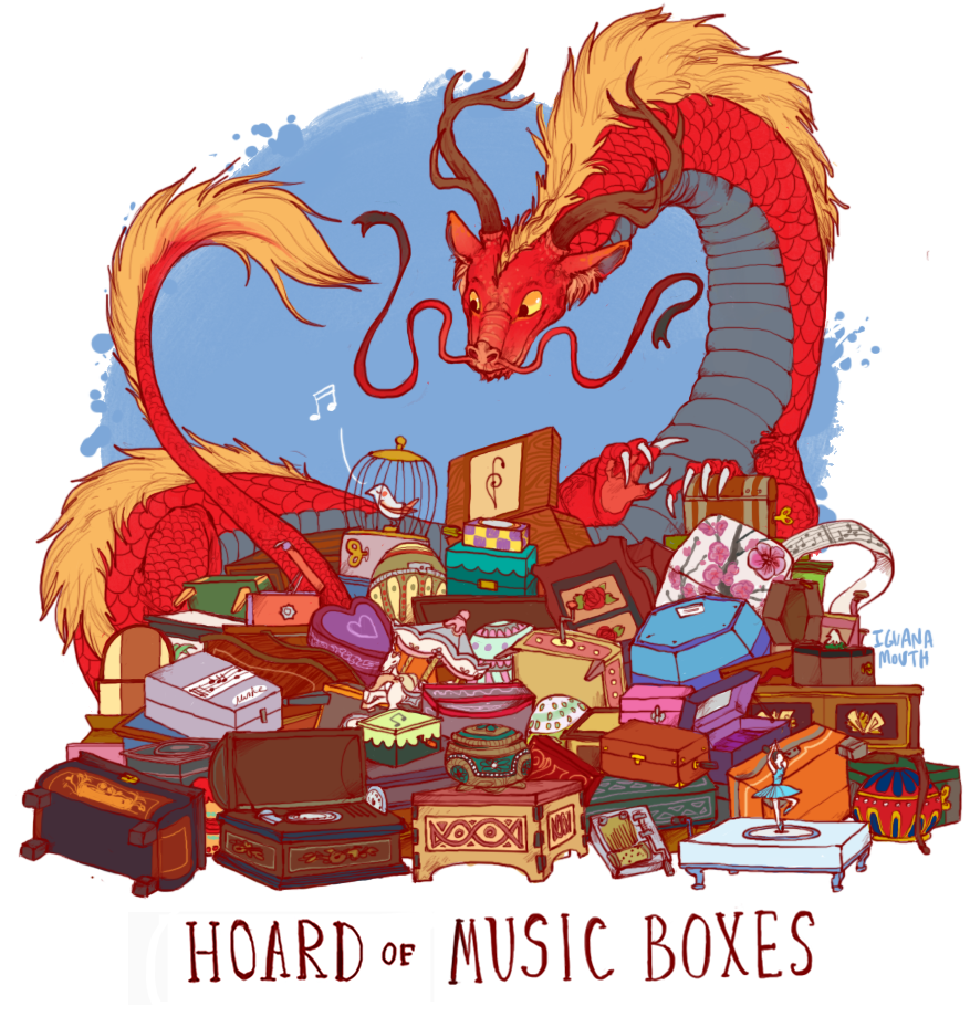 iguanamouth, original, commentary, commission, english commentary, antlers, artist name, ballerina, birdcage, blonde hair, blue background, border, cage, claws, colored sclera, creature, creature focus, dragon, eastern dragon, english text, grey scales, horns, music box, musical note, no humans, ornate, pile, red scales, sheet music, sitting, sixteenth note, spoken musical note, tail, tail raised, treble clef, whiskers, white border, yellow eyes, yellow sclera