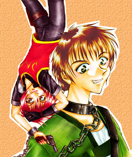 cheryl, cheryl (arc the lad), lutz (jormungand), arc the lad, arc the lad iii, 1boy, 1girl, brown hair, chain, collar, gloves, green eyes, gun, handgun, pants, red eyes, red hair, revolver, short hair, weapon