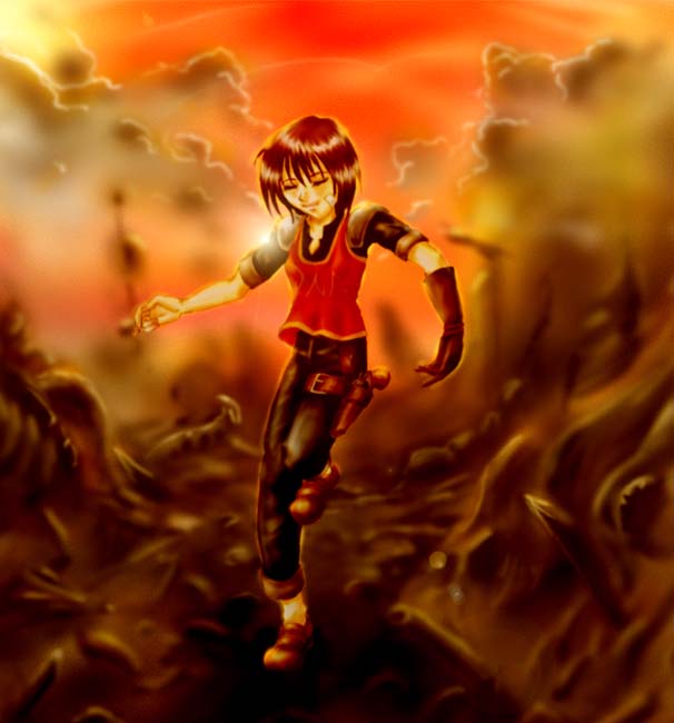 cheryl, cheryl (arc the lad), arc the lad, arc the lad iii, 1boy, bandages, belt, closed eyes, cloud, gloves, male focus, pants, red hair, short hair, solo