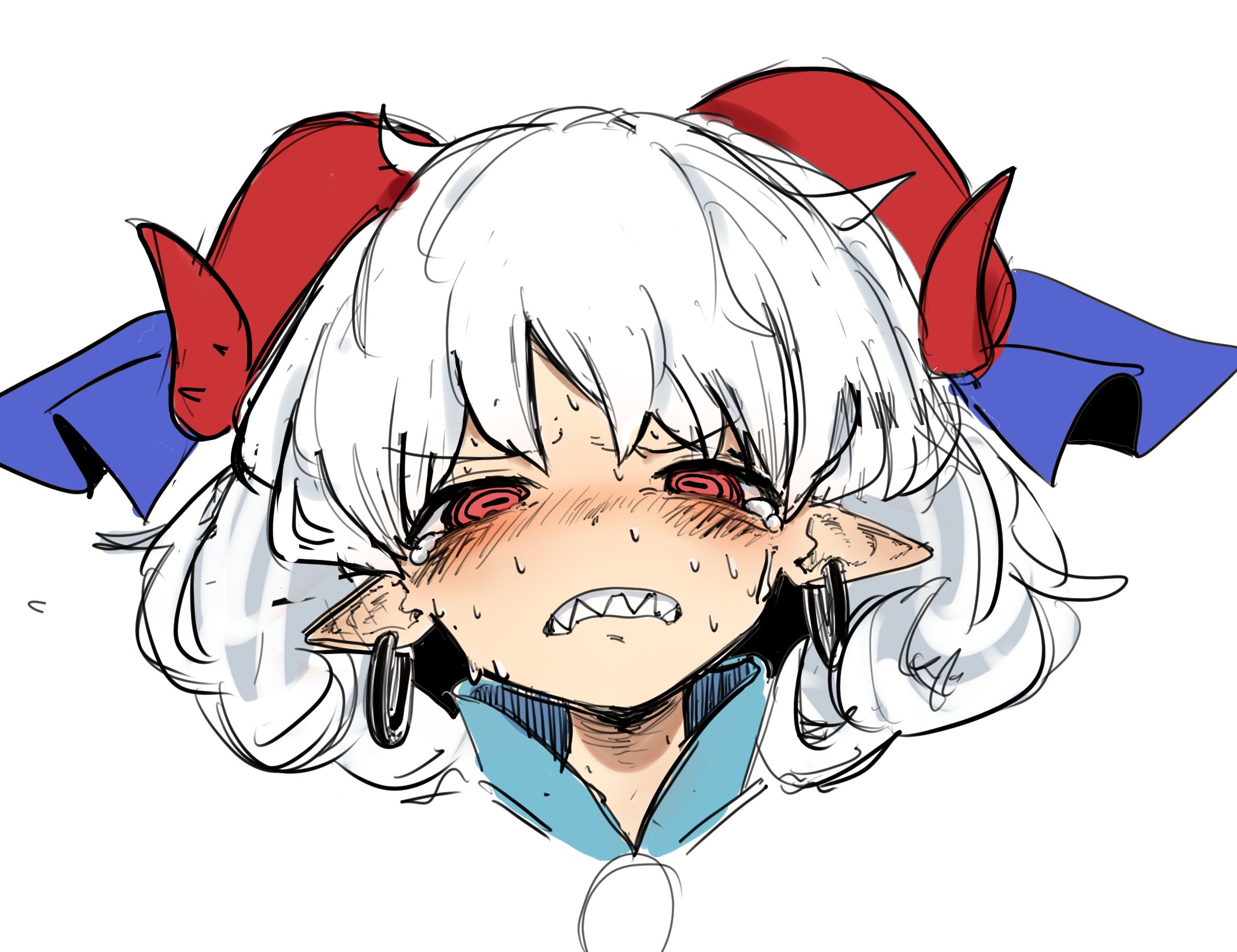 toutetsu yuuma, touhou, highres, 1girl, blue vest, blush, earrings, embarrassed, grin, horizontal pupils, horn ornament, horn ribbon, horns, jewelry, looking at viewer, medium hair, motutigire, pointy ears, portrait, red eyes, ribbon, sharp teeth, sheep horns, smile, solo, sweat, sweatdrop, tearing up, teeth, vest, white background, white hair