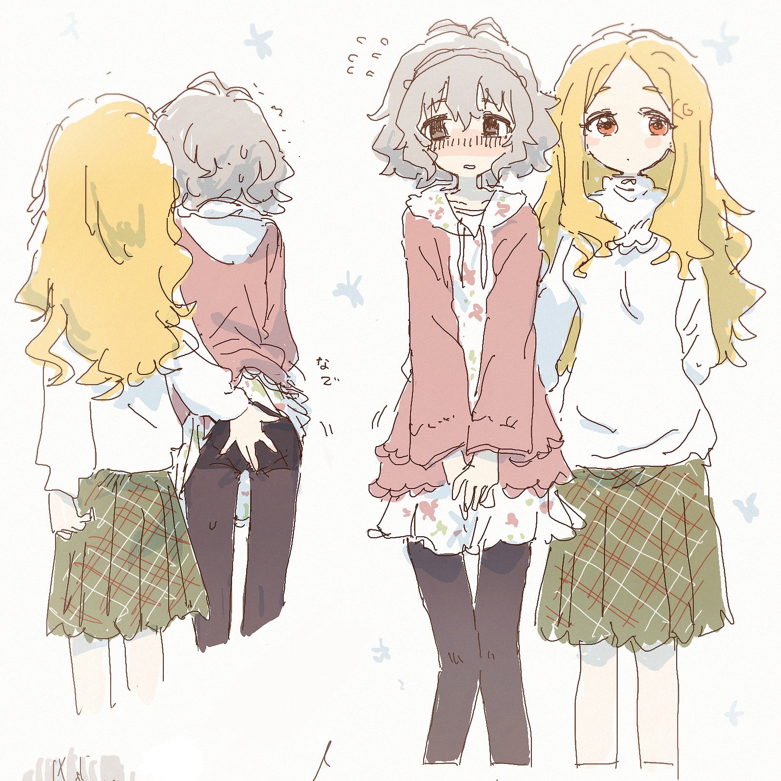 nendo23, mochizuki hijiri, narumiya yume, idolmaster, idolmaster cinderella girls, highres, translated, antenna hair, arm behind back, averting eyes, black eyes, black pantyhose, blonde hair, blush, closed mouth, clothes lift, cropped legs, dot mouth, facing viewer, floral print, from behind, green skirt, grey hair, groping, hair between eyes, hand on another's ass, hood, hood down, hoodie, hoodie lift, jacket, legs apart, light blush, long hair, long hoodie, long sidelocks, long sleeves, looking to the side, motion lines, multiple views, no nose, nose blush, open clothes, open jacket, own hands together, pantyhose, parted bangs, parted lips, pink jacket, plaid clothes, plaid skirt, pleated skirt, red eyes, shirt, short hair, sidelocks, skirt, sound effects, standing, straight-on, trembling, v arms, wavy hair, white background, white hoodie, white shirt, yuri