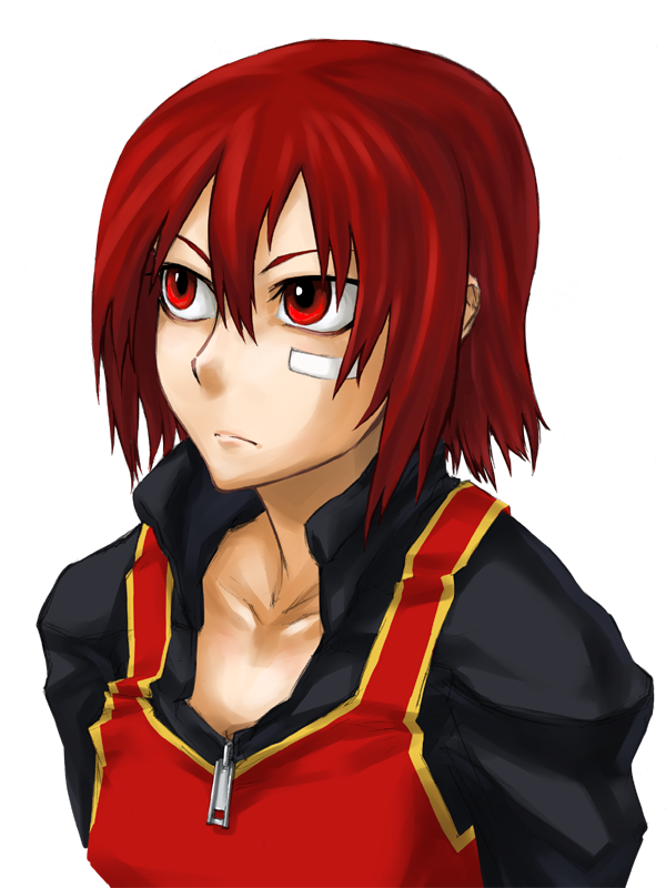 kuroino (0kuro8ino6), cheryl (arc the lad), arc the lad, arc the lad iii, 1girl, bandages, bandaid, bandaid on face, collarbone, expressionless, female focus, hair between eyes, red eyes, red hair, short hair, simple background, solo, upper body, white background, zipper