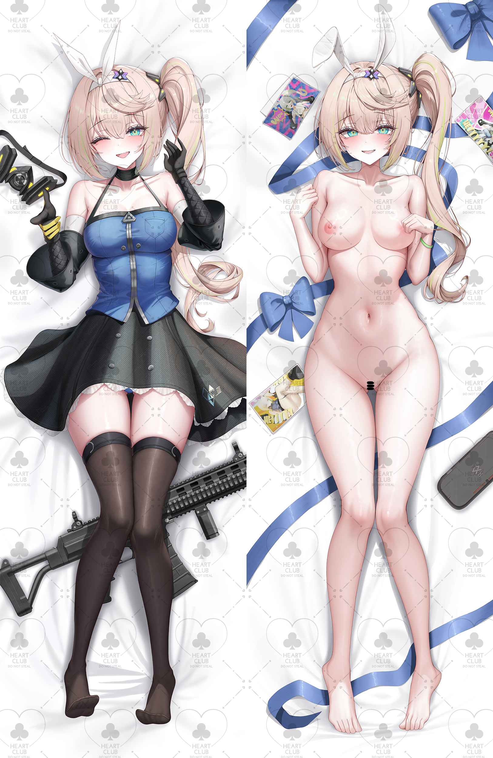 lilac (k32420276), sharkry (girls' frontline 2), girls' frontline, girls' frontline 2: exilium, absurdres, highres, 1girl, animal ear hairband, animal ears, bare shoulders, black gloves, black shirt, black skirt, black thighhighs, blonde hair, blue eyes, blush, censored, completely nude, detached sleeves, elbow gloves, fake animal ears, gloves, hair between eyes, hairband, long hair, lying, nipples, no shoes, nude, on back, one eye closed, open mouth, rabbit ear hairband, rabbit ears, shirt, side ponytail, skirt, thighhighs, white hairband