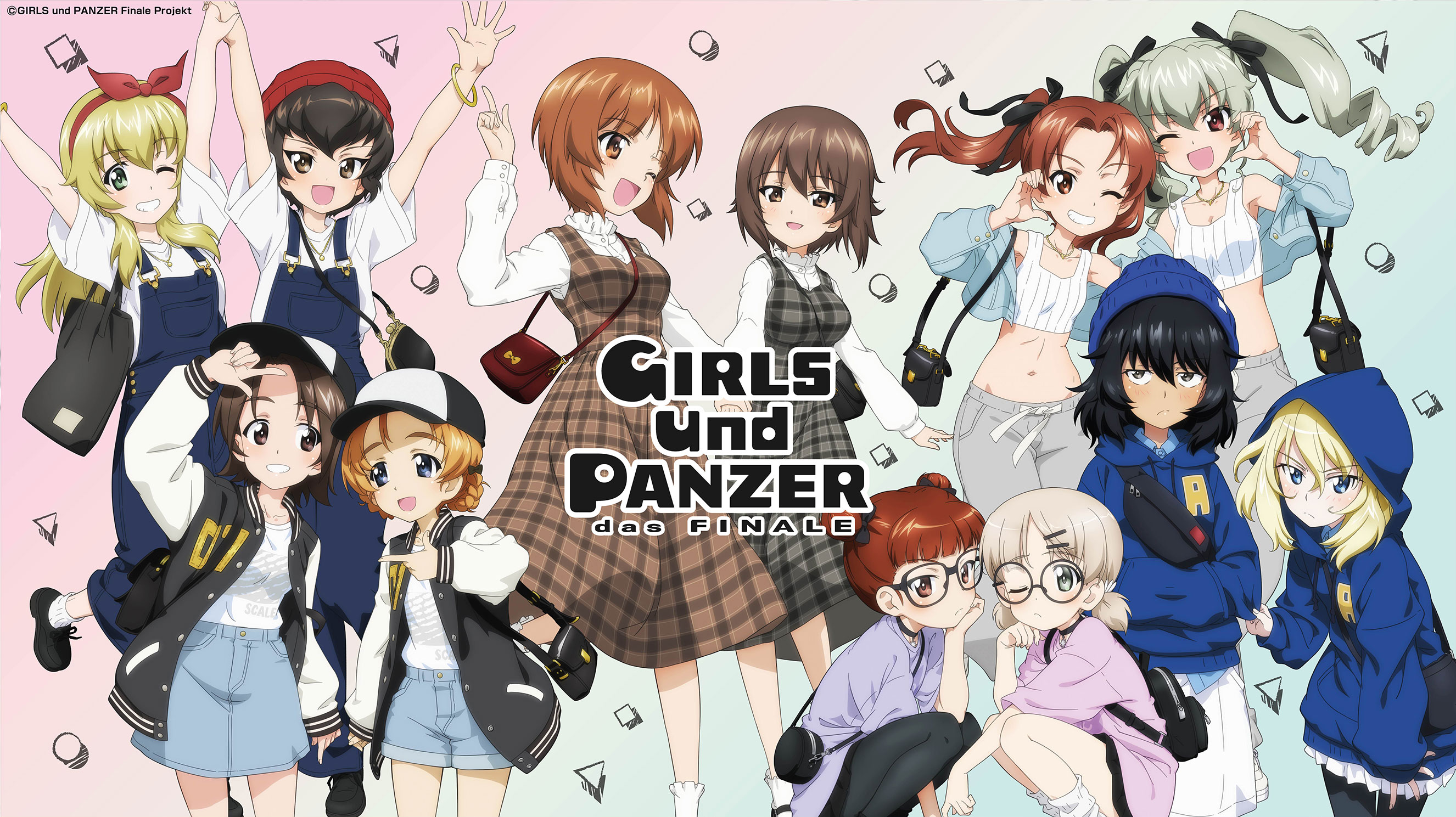 aki (girls und panzer), anchovy (girls und panzer), andou (girls und panzer), caesar (girls und panzer), carpaccio (girls und panzer), kadotani anzu, mikko (girls und panzer), nishizumi maho, nishizumi miho, orange pekoe (girls und panzer), oshida (girls und panzer), sawa azusa, girls und panzer, cropped, highres, official art, third-party edit, 6+girls, arms up, bag, baseball cap, bespectacled, black-framed eyewear, black bow, black hair, black hat, black jacket, black leggings, black pantyhose, black ribbon, blonde hair, blue hoodie, blue jacket, blue overalls, blue shirt, blue shorts, blue skirt, blunt bangs, bow, bracelet, braid, brown dress, brown eyes, brown hair, carrying, closed mouth, clothes grab, collar, copyright name, cropped shirt, dark-skinned female, dark skin, denim, denim jacket, denim shorts, denim skirt, dress, drill hair, fanny pack, frilled collar, frills, frown, glasses, green eyes, green hair, grey dress, grey hair, grey pants, grin, hair bow, hair ornament, hair ribbon, hair tie, hairclip, hand on own chin, handbag, hat, holding hands, hood, hood up, hoodie, jacket, jewelry, leaning forward, leggings, letterman jacket, long hair, long sleeves, looking at viewer, low twintails, matching outfits, midriff, multiple girls, navel, off shoulder, official alternate costume, one eye closed, open clothes, open jacket, open mouth, orange hair, overalls, pants, pantyhose, parted bangs, pinafore dress, pink shirt, plaid clothes, plaid dress, pleated skirt, pointing, pointing at another, purple shirt, red eyes, red hair, ribbon, shirt, short hair, short shorts, short sleeves, short twintails, shorts, siblings, sisters, skirt, sleeveless, sleeveless dress, smile, socks, squatting, standing, standing on one leg, t-shirt, tank top, twin braids, twin drills, twintails, untucked shirt, watermark, white shirt, white skirt, white socks, white tank top