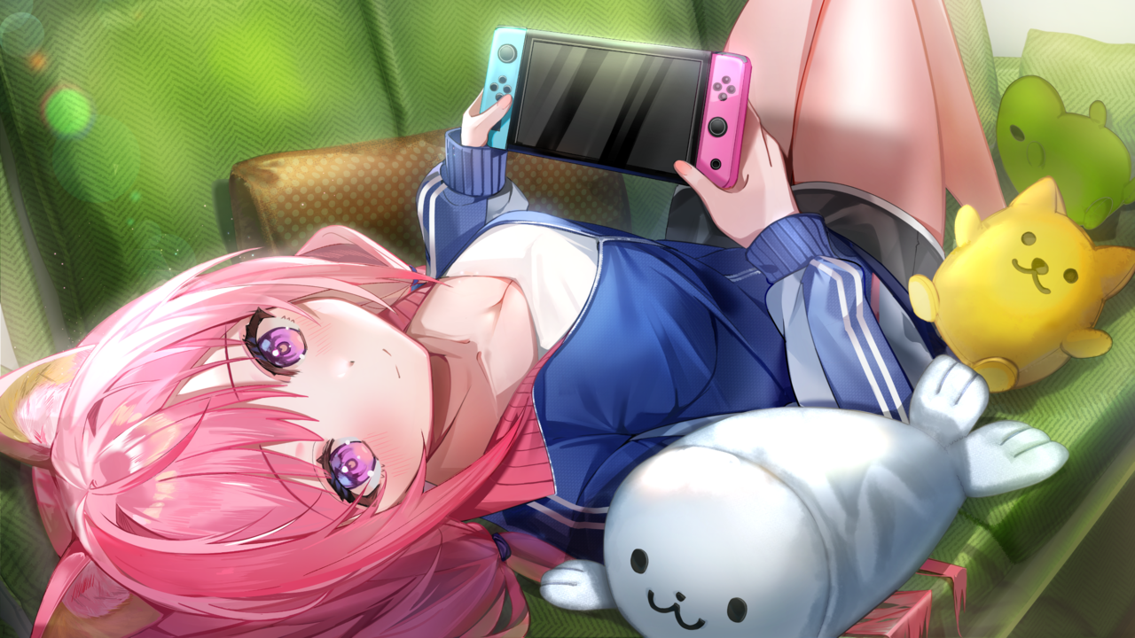 kanda done, yuuki sakuna, indie virtual youtuber, second-party source, 1girl, animal ears, black shorts, blue jacket, breasts, cat ears, cat girl, cleavage, collarbone, couch, dot nose, handheld game console, holding, holding handheld game console, jacket, knees up, large breasts, long hair, long sleeves, looking at viewer, lying, nintendo switch, on back, on couch, pillow, pink hair, purple eyes, shirt, short hair, shorts, smile, solo, stuffed animal, stuffed toy, white shirt