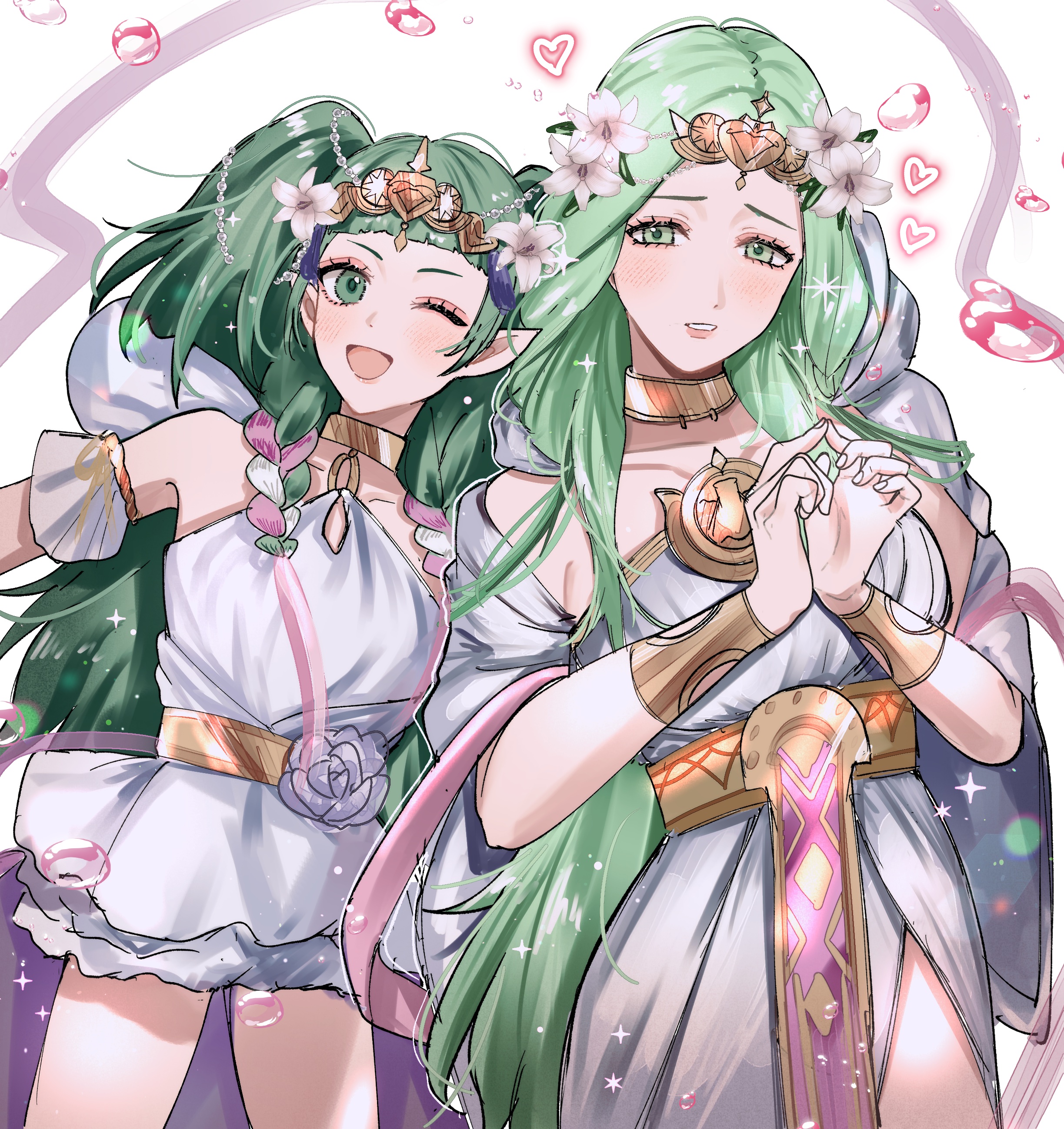 tani11a, rhea (aura of love) (fire emblem), rhea (fire emblem), sothis (aura of love) (fire emblem), sothis (fire emblem), fire emblem, fire emblem: three houses, fire emblem heroes, nintendo, absurdres, commentary, highres, 2girls, blush, breasts, collarbone, dress, flower, green eyes, green hair, hair flower, hair ornament, headpiece, heart, jewelry, long hair, looking at viewer, medium breasts, mother and daughter, multiple girls, official alternate costume, one eye closed, open mouth, parted lips, pointy ears, simple background, smile, thighs, very long hair, white background, white dress