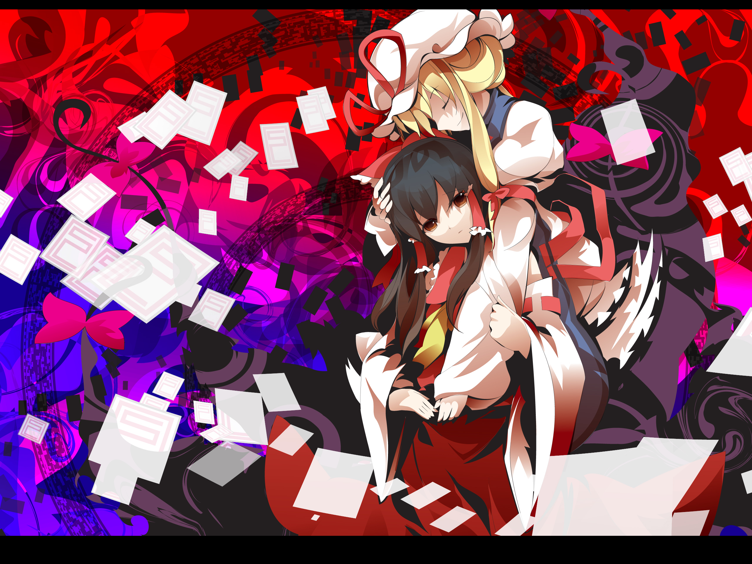 uki (room 405), hakurei reimu, yakumo yukari, touhou, highres, 2girls, blonde hair, female focus, hat, japanese clothes, long hair, miko, multiple girls, ribbon