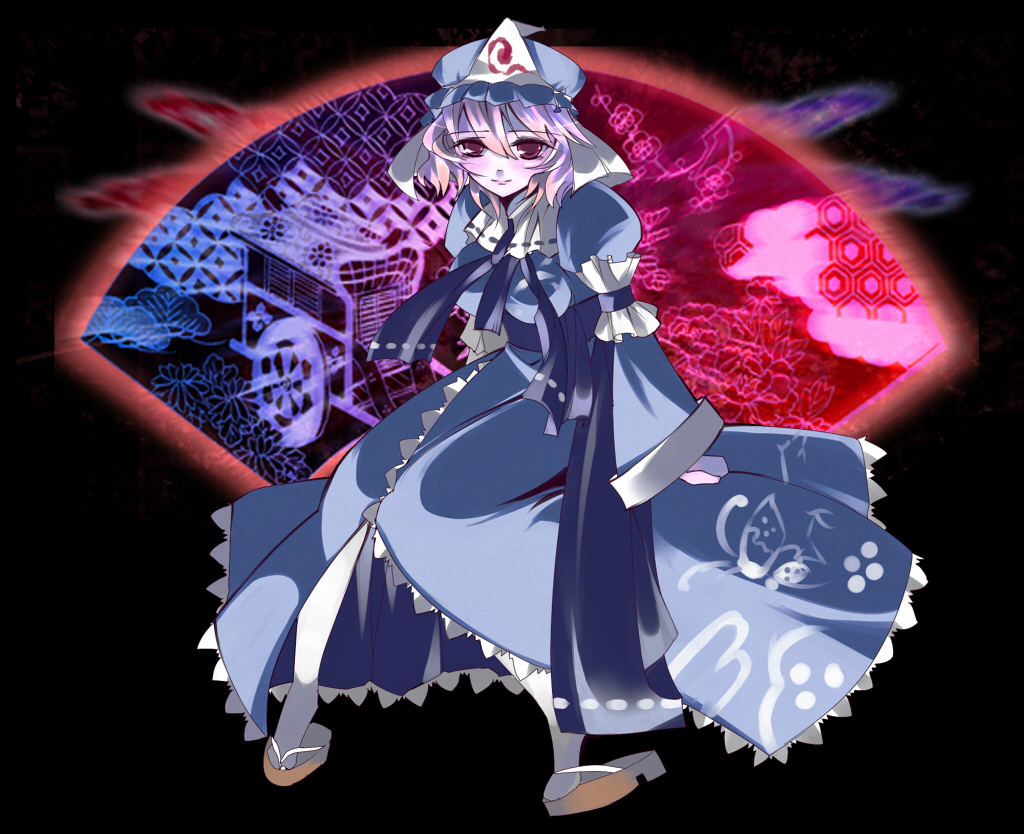 blaze (blazeillust), saigyouji yuyuko, touhou, bad id, bad pixiv id, 1girl, female focus, goshoguruma, hand fan, hat, japanese clothes, kimono, pale skin, pink hair, ribbon, saigyouji yuyuko's fan design, shippou (pattern), short hair, solo