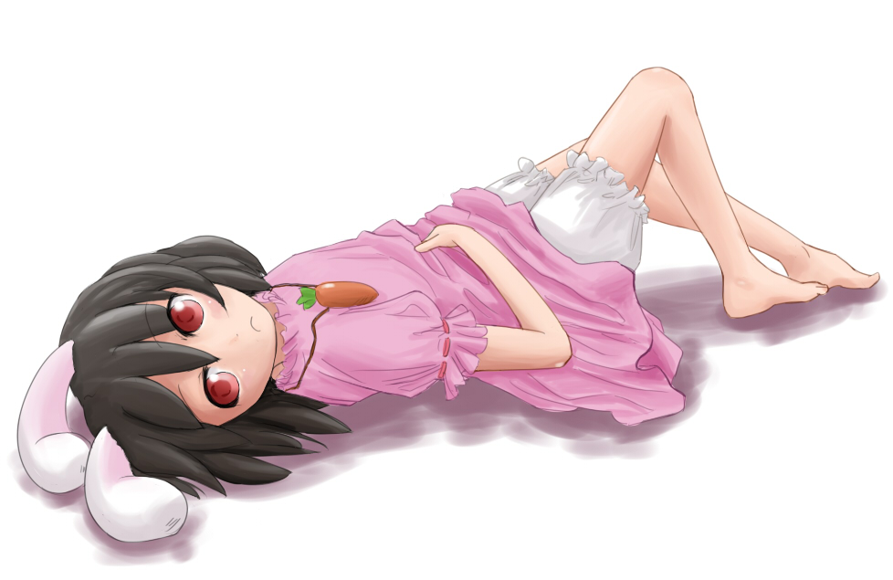 mokuyou, inaba tewi, touhou, 1girl, animal ears, barefoot, black hair, bloomers, feet, female focus, full body, lying, rabbit ears, red eyes, short hair, solo, underwear, white background, white bloomers