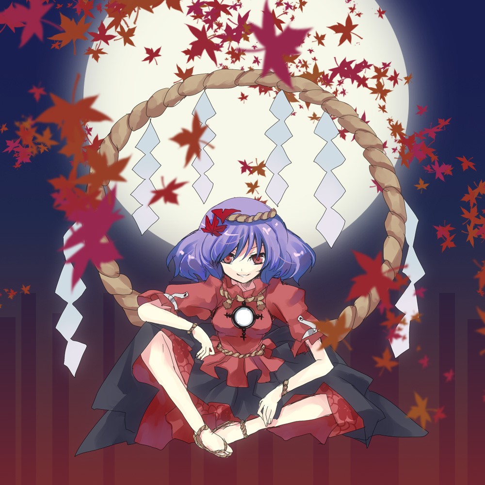 hanepochi, yasaka kanako, touhou, bad id, bad pixiv id, 1girl, female focus, hair ornament, leaf, leaf hair ornament, purple hair, rope, shide, shimenawa, short hair, solo