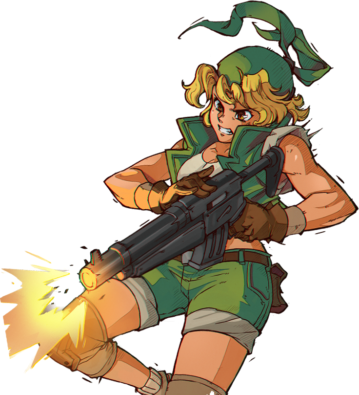kasamoto eri, metal slug, artist request, official art, 1girl, bandana, baton (weapon), belt, blonde hair, breasts, clothing cutout, crop top, firing, green bandana, green shorts, green vest, gun, hip vent, knee pads, machine gun, midriff, navel, open clothes, open vest, shirt, short shorts, shorts, transparent background, utility vest, vest, weapon, white shirt