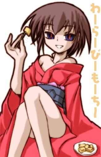kurame, kusari hime: euthanasia, third-party source, bare shoulders, brown hair, food, japanese clothes, kimono, mochi, off shoulder, red eyes, smile, solo, white background