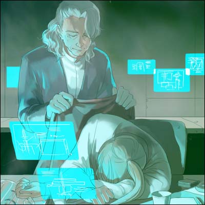 billy katagiri, leif eifman, gundam, gundam 00, silver hair, lowres, 00s, 2boys, arms up, blanket, chair, closed eyes, covering with blanket, formal clothes, holographic interface, holographic monitor, long sleeves, male focus, multiple boys, ponytail, short hair, sleeping, suit, table