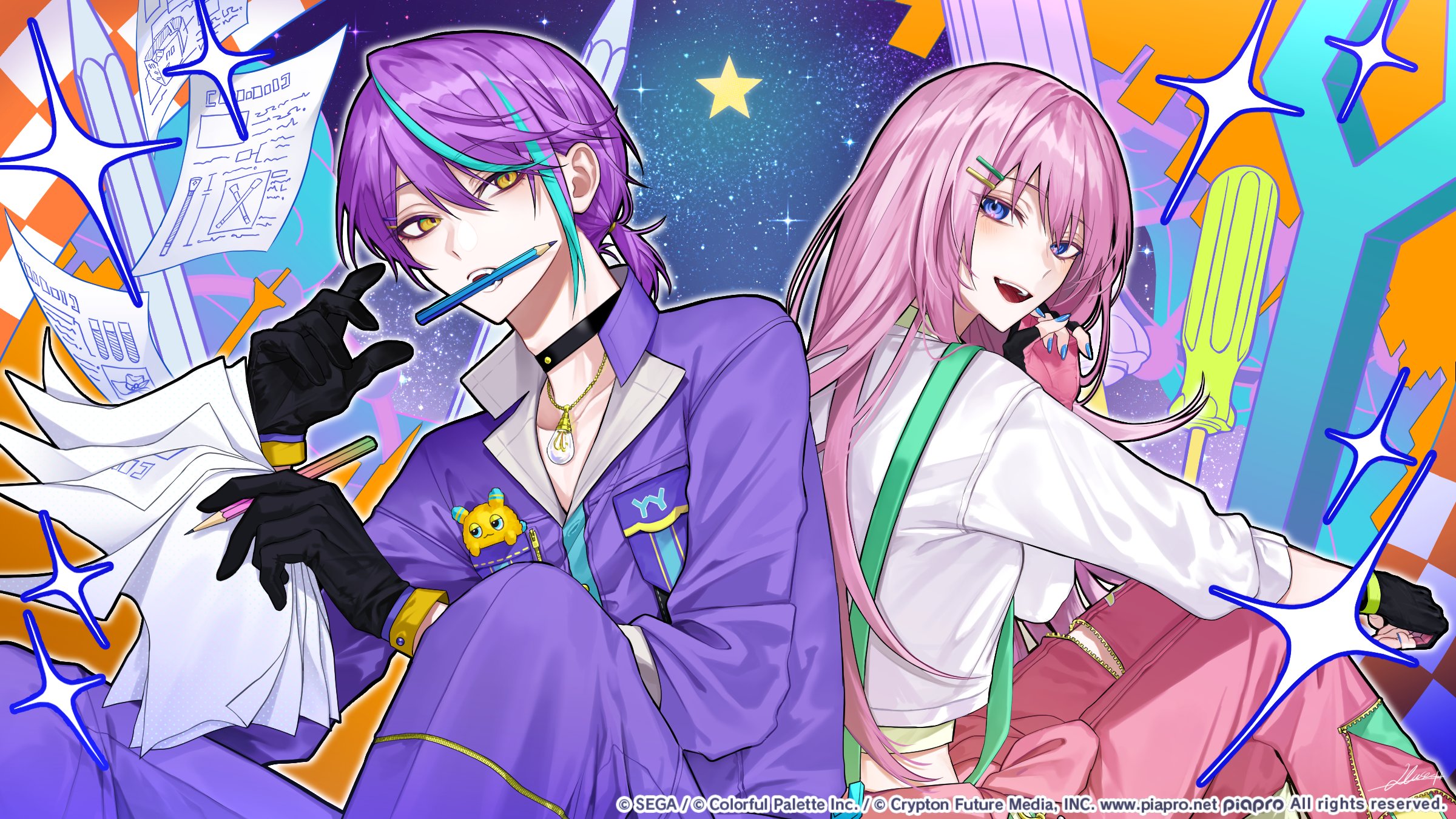 alase 00, kamishiro rui, megurine luka, wonderlands x showtime luka, project sekai, vocaloid, commentary request, highres, official art, second-party source, 1boy, 1girl, :d, black choker, black gloves, blue eyes, blue hair, blue nails, choker, colored pencil, company name, copyright notice, deeper and deeper (project sekai), fingerless gloves, fingernails, gloves, guest art, hair between eyes, hair ornament, hairclip, jacket, jewelry, long hair, mouth hold, multicolored hair, nail polish, necklace, official alternate costume, official alternate hairstyle, open mouth, pants, paper, pencil, pink gloves, pink hair, pink pants, ponytail, purple hair, purple jacket, purple pants, screwdriver, shirt, short hair, short ponytail, sitting, smile, sparkle, star (symbol), streaked hair, teeth, tongue, two-tone gloves, two-tone hair, upper teeth only, white shirt, yellow eyes