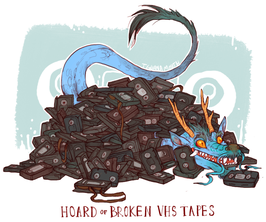 iguanamouth, original, commentary, english commentary, antlers, artist name, blue background, blue scales, border, colored sclera, creature, creature focus, dragon, eastern dragon, english text, fangs, fantasy, horns, lying, no humans, open mouth, orange eyes, orange sclera, partially buried, pile, sharp teeth, slit pupils, tail, tail raised, teeth, videocassette, white border
