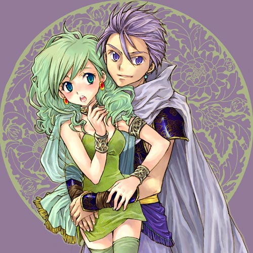 ogretree, saikachi, saikachi (ogre tree), edward geraldine, rydia (adult) (ff4), rydia (ff4), final fantasy, final fantasy iv, lowres, 1990s (style), 1boy, 1girl, aged up, blush, couple, dress, green eyes, green hair, hetero, hug, hug from behind, purple background, retro artstyle, thighhighs