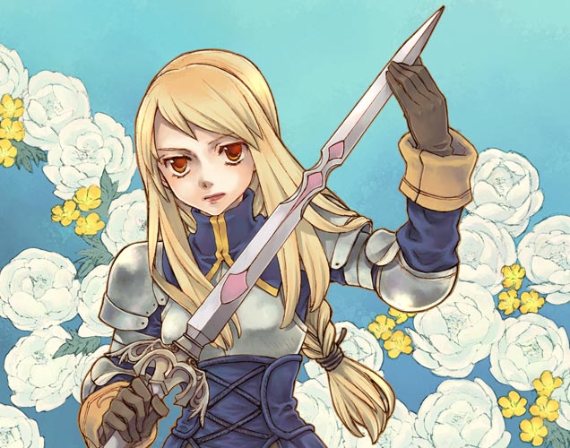 ogretree, saikachi, saikachi (ogre tree), agrias oaks, final fantasy, final fantasy tactics, 1girl, armor, blonde hair, braid, braided ponytail, crossover, female focus, flower, gloves, knight, long hair, parody, red eyes, single braid, solo, sword, weapon