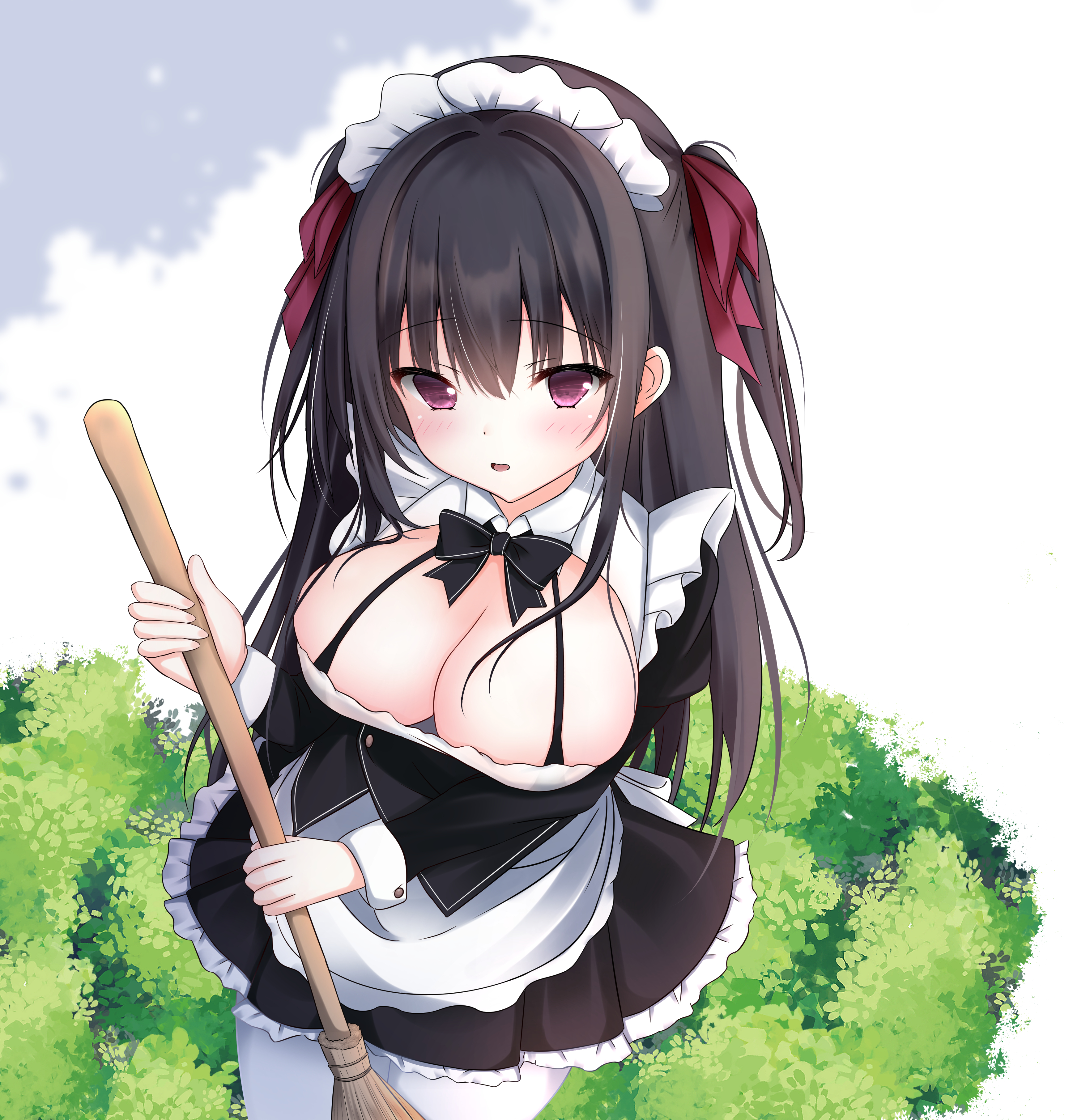 uuy (uuypro), original, absurdres, commentary request, highres, 1girl, apron, black bow, black bowtie, black dress, black hair, blush, bow, bowtie, breasts, broom, cleavage, cleavage cutout, clothing cutout, cowboy shot, detached collar, dress, eyes visible through hair, frilled apron, frilled dress, frills, hair between eyes, hair over breasts, hair ribbon, holding, holding broom, juliet sleeves, large breasts, long hair, long sleeves, looking at viewer, maid, maid apron, maid headdress, maitsuki moe, open mouth, outdoors, pantyhose, puffy sleeves, purple eyes, red ribbon, ribbon, sidelocks, simple background, solo, straight hair, two side up, very long hair, white apron, white background, white pantyhose