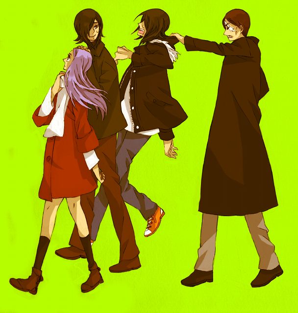 allelujah haptism, hallelujah haptism, sergei smirnov, soma peries, gundam, gundam 00, 00s, 1girl, 3boys, black socks, brown hair, coat, full body, green background, kneehighs, loafers, long hair, long sleeves, multiple boys, purple eyes, shoes, simple background, socks, walking, winter clothes, winter coat