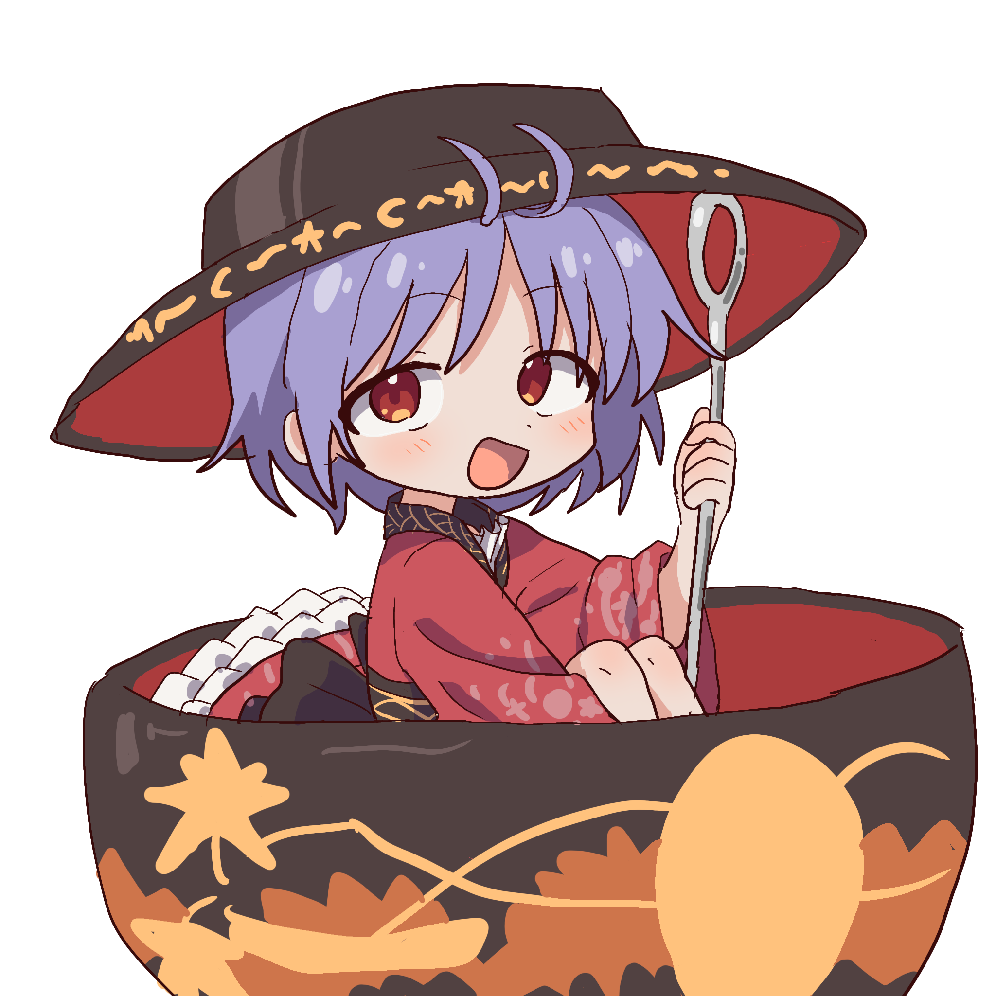 magg (user mtca8588), sukuna shinmyoumaru, touhou, highres, 1girl, :d, blush, bowl, bowl hat, frills, from side, hat, in bowl, in container, japanese clothes, kimono, knees, long sleeves, looking at viewer, medium hair, mini person, needle, needle sword, open mouth, purple hair, red eyes, red kimono, sitting, smile, solo, white background