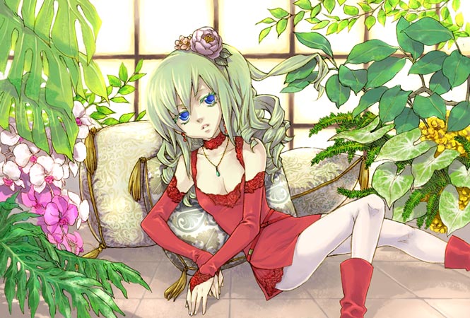 ogretree, saikachi, saikachi (ogre tree), tina branford, final fantasy, final fantasy vi, 1990s (style), 1girl, blue eyes, boots, detached sleeves, dress, female focus, flower, green hair, indoors, jewelry, leggings, long hair, necklace, pantyhose, pillow, red boots, red dress, retro artstyle, solo, tile floor, tiles, white pantyhose