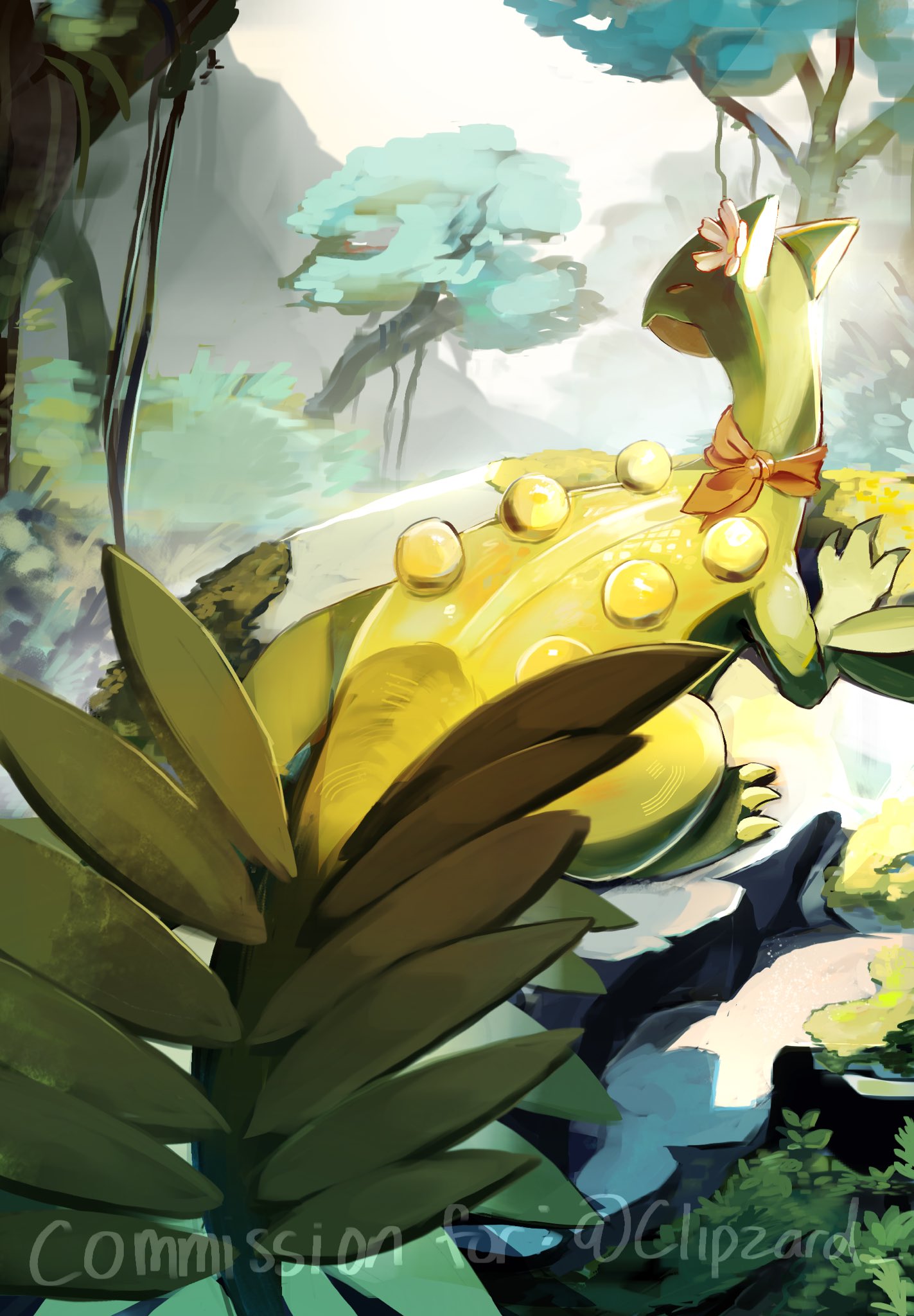 chufflepop, sceptile, nintendo, pokemon, commission, highres, bandana, bandana around neck, claws, colored sclera, ear flower, flower, gen 3 pokemon, leaf, lying, no humans, on stomach, outdoors, pokemon (creature), pokemon focus, red bandana, solo, tail, tree, yellow eyes