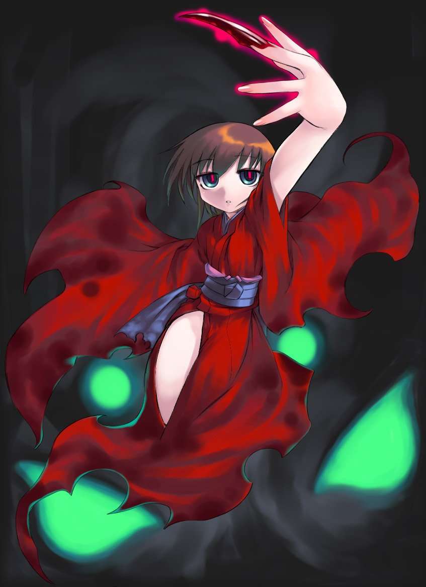 nakamura tetsuya, kurame, kusari hime: euthanasia, bad id, bad pixiv id, jpeg artifacts, brown hair, japanese clothes, kimono, red eyes, solo