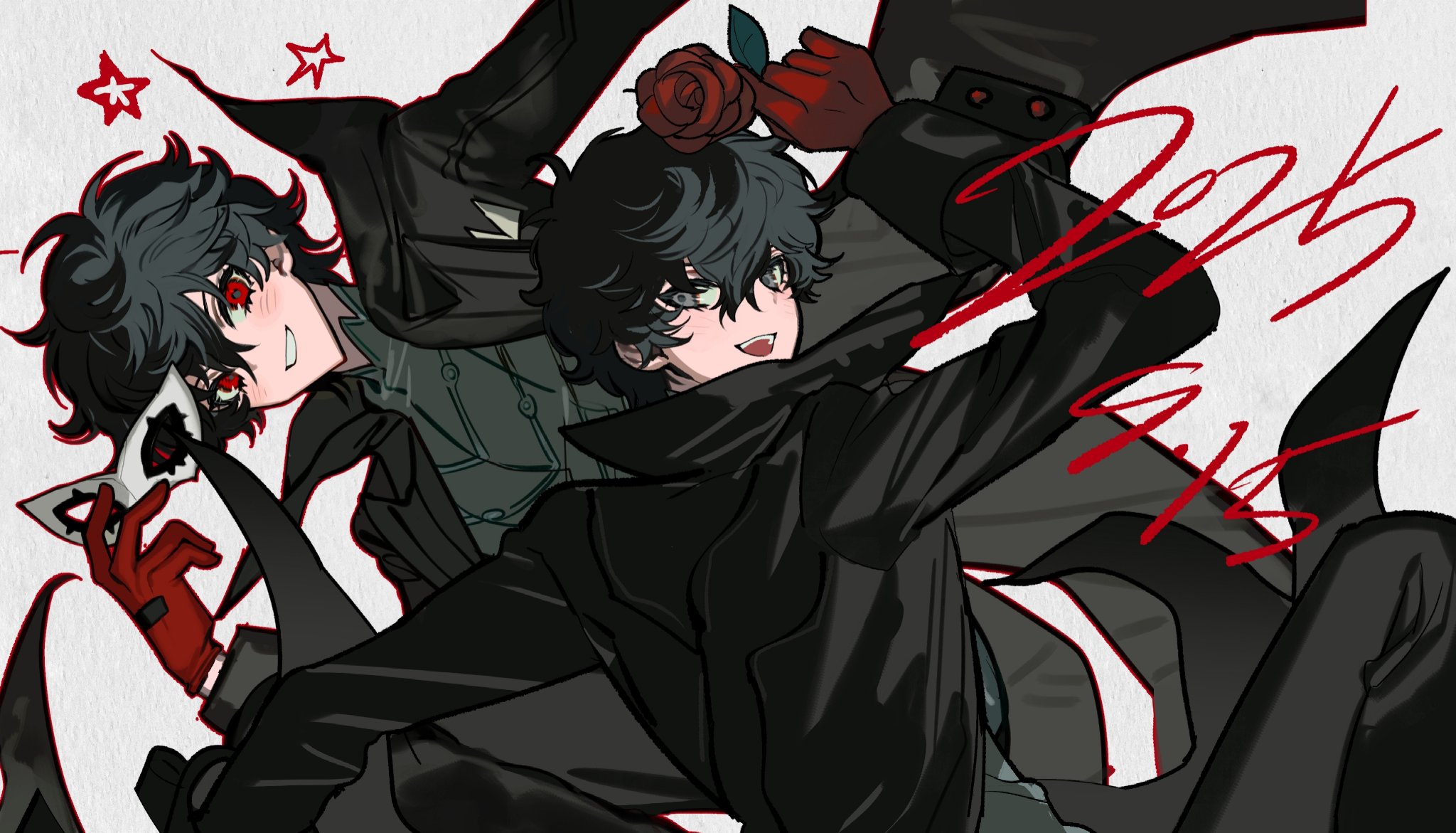 amamiya ren, joker (persona 5), persona, persona 5, highres, 1boy, black coat, black eyes, black hair, black shirt, coat, dated, domino mask, dual persona, flower, from behind, gloves, grin, hair between eyes, hand up, holding, holding flower, holding mask, hxiangchidanta, looking at another, looking at viewer, mask, messy hair, open mouth, red eyes, red flower, red gloves, red rose, rose, shirt, short hair, simple background, smile, star (symbol), teeth, turning head, upper body, upper teeth only, white background, white mask