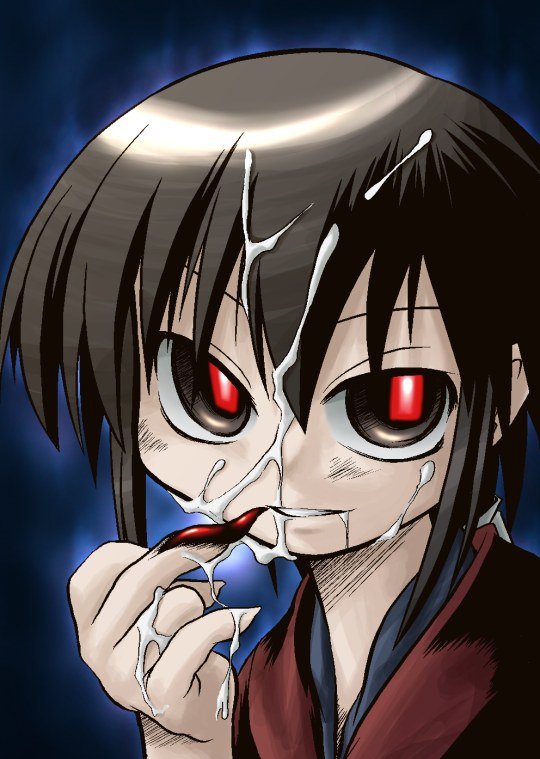 hirono mamoru, hironomamoru, kurame, kusari hime: euthanasia, bad id, bad pixiv id, 1girl, brown eyes, brown hair, cum, female focus, japanese clothes, kimono, monster girl, ponytail, red eyes, slit pupils, smile, solo