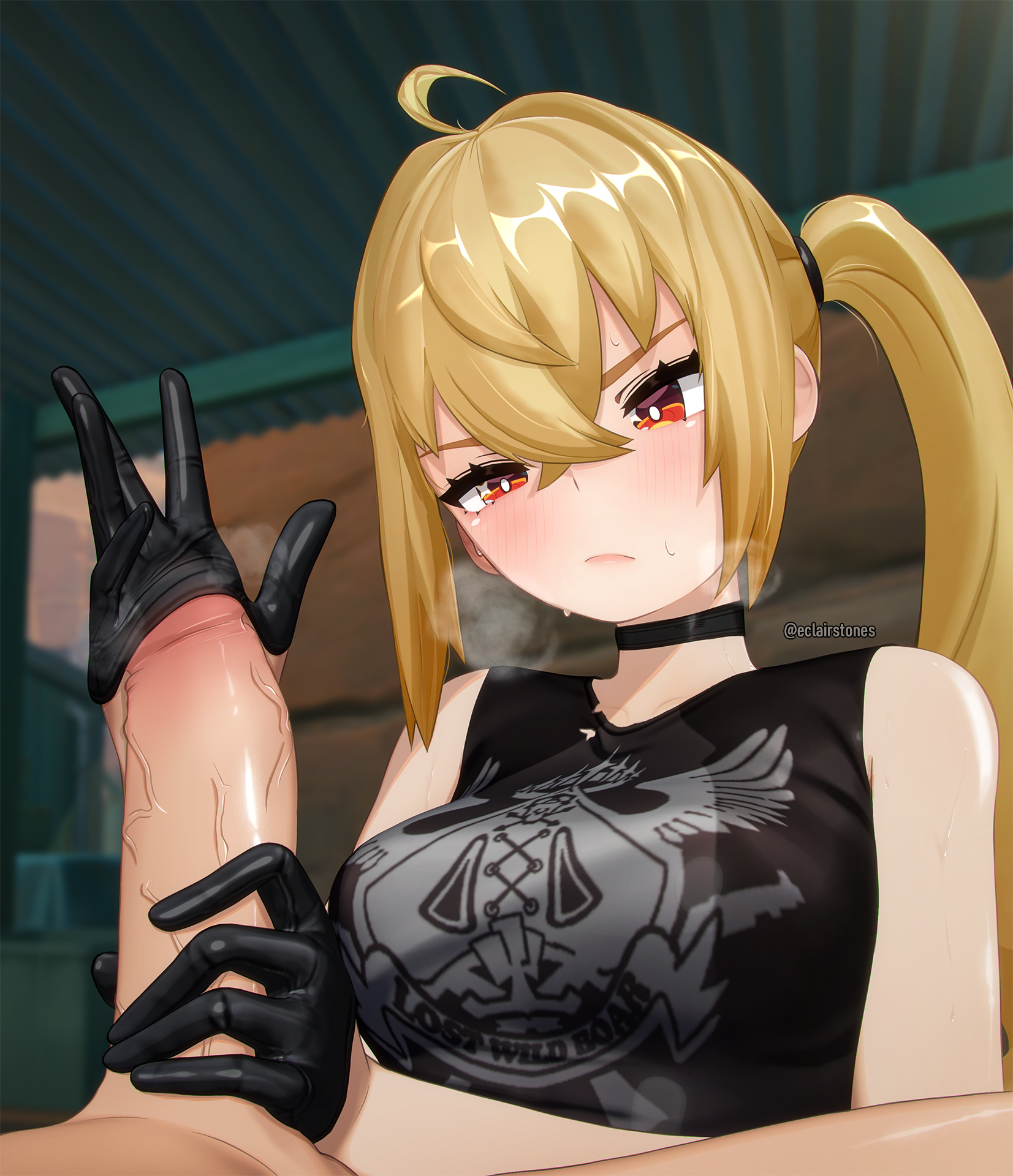 eclairstones, luciana de montefio, zenless zone zero, commentary, english commentary, highres, 1boy, 1girl, 3d, :/, ahoge, black choker, black shirt, blonde hair, blush, breasts, choker, gloved handjob, gloves, handjob, indoors, large breasts, penis, penis in glove, shirt, sleeveless, sleeveless shirt, steaming body, sweat, twitter username, uncensored, upper body