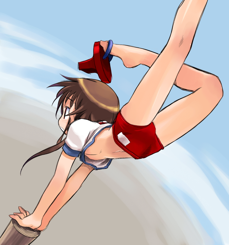 nakamura tetsuya, kurame, kusari hime: euthanasia, bad id, bad pixiv id, 1girl, barefoot, breasts, brown hair, buruma, clothes lift, feet, female focus, flat chest, geta, gym uniform, handstand, long hair, midriff, navel, plantar flexion, pole, ponytail, shirt lift, solo, tengu-geta, upshirt, yoga