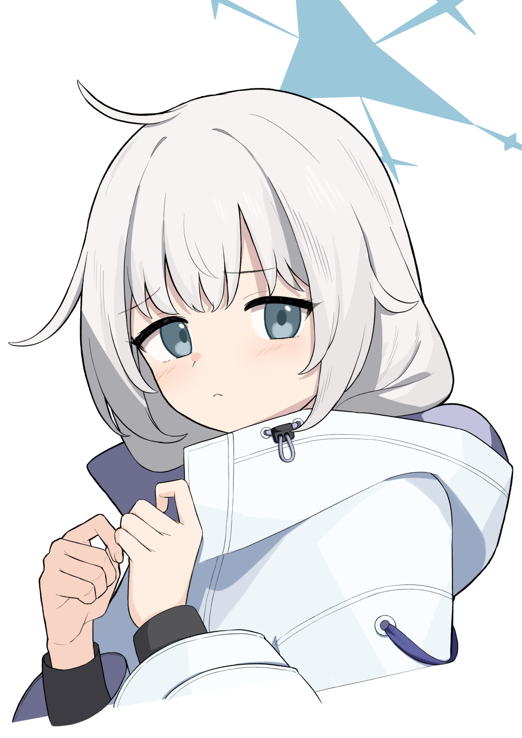 yoimura, blue archive, highres, 1girl, blue halo, closed mouth, cropped torso, frown, grey eyes, grey hair, halo, hands up, high collar, jacket, long sleeves, looking at viewer, maia (blue archive), solo, white jacket, wide sleeves