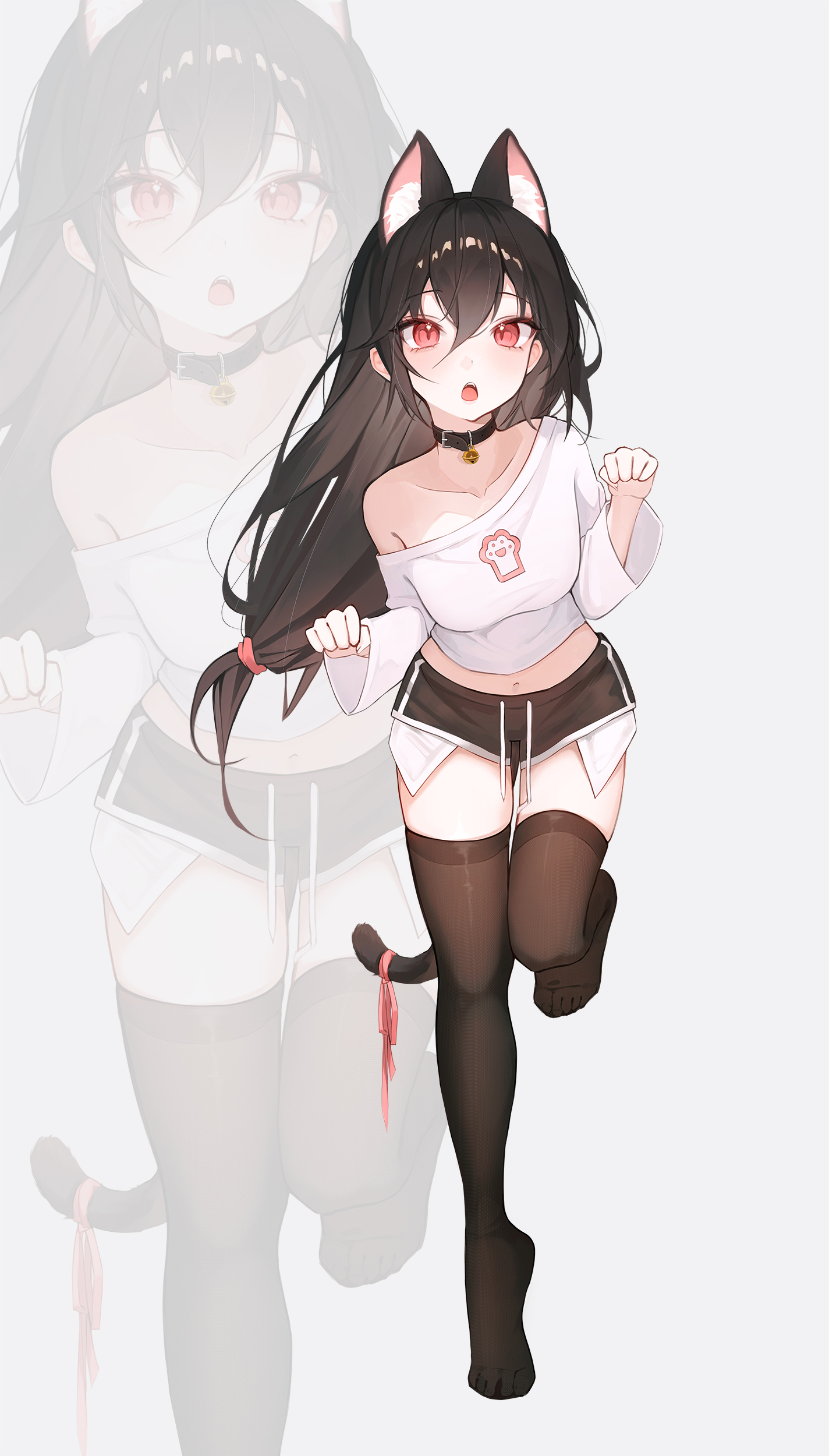 e name, original, absurdres, highres, 1girl, animal ears, black collar, black hair, black shorts, black thighhighs, blush, breasts, cat ears, cat girl, cat tail, collar, collarbone, dolphin shorts, full body, long hair, low-tied long hair, midriff, navel, off shoulder, open mouth, paw pose, paw print, red eyes, short shorts, shorts, small breasts, solo, tail, thighhighs