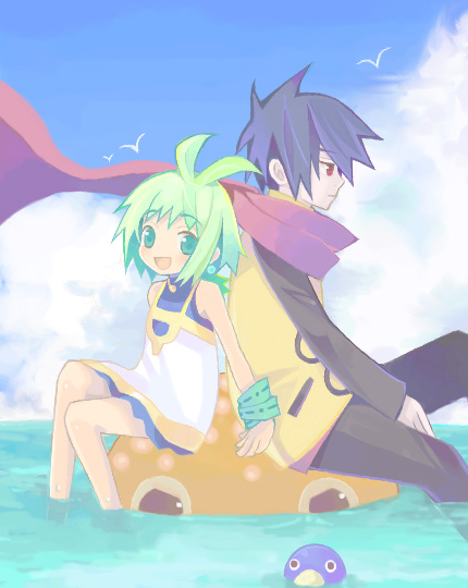 ash (phantom brave), marona (phantom brave), prinny, phantom brave, 1boy, 1girl, afloat, back-to-back, bare shoulders, black hair, bracelet, dress, green eyes, green hair, innertube, jewelry, looking at viewer, pool, red scarf, scarf, short hair, sleeveless, sleeveless dress, swim ring, water, white dress, wind