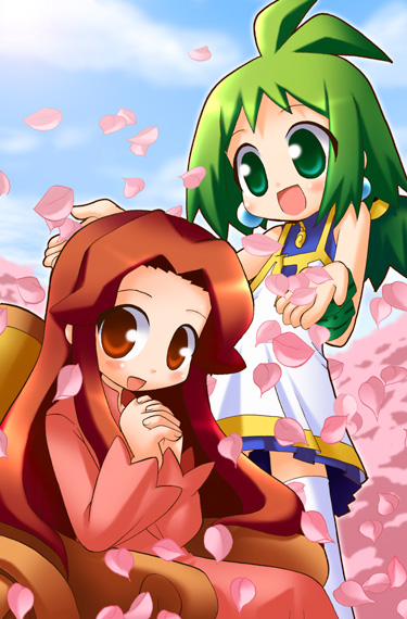 castille, castille (phantom brave), marona (phantom brave), phantom brave, 2girls, :d, armchair, bare shoulders, blush, bracelet, brown eyes, brown hair, chair, dress, green eyes, green hair, jewelry, long sleeves, looking at viewer, multiple girls, open mouth, petals, red dress, sitting, smile, spring (season), tareme