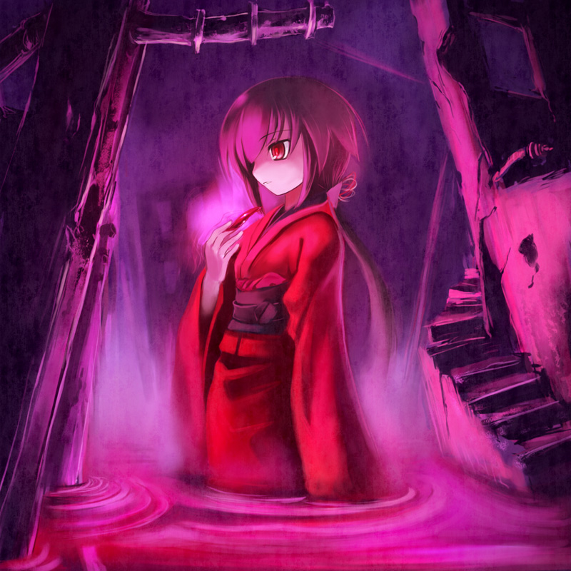 edobox, kurame, kusari hime: euthanasia, brown hair, glowing, japanese clothes, kimono, long hair, ponytail, red eyes, solo, stairs