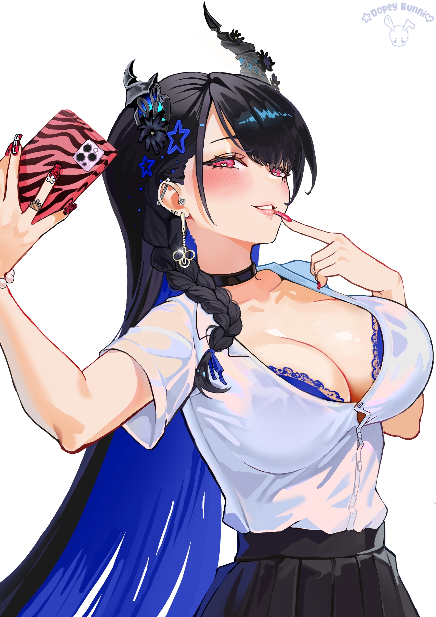 dopeybunni, nerissa ravencroft, hololive, hololive english, highres, redrawn, 1girl, alternate costume, asymmetrical horns, barbell piercing, black hair, black skirt, blue bra, blush, bra, bra peek, breasts, cellphone, choker, cleavage, colored inner hair, demon horns, ear piercing, earrings, finger to mouth, fingernails, gyaru, heart, heart-shaped pupils, holding, holding phone, horns, industrial piercing, jewelry, lace, lace-trimmed bra, lace trim, large breasts, long fingernails, long hair, multicolored hair, nail polish, phone, piercing, pink eyes, selfie, short sleeves, simple background, skirt, smartphone, solo, symbol-shaped pupils, underwear, virtual youtuber, white background