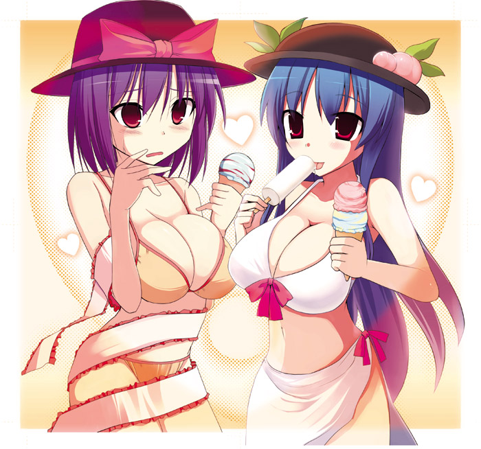 kujiran, kurikara, hinanawi tenshi, nagae iku, touhou, 2girls, bikini, blue hair, breasts, cleavage, female focus, food, fruit, hat, heart, holding, ice cream, large breasts, long hair, multiple girls, peach, popsicle, purple hair, red eyes, ribbon, short hair, swimsuit