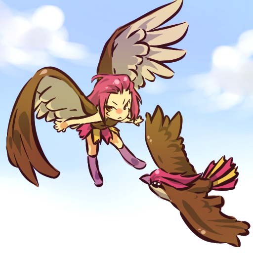 hitec, pidgeotto, moemon, nintendo, pokemon, pokemon rgby, 1990s (style), 1girl, bird, brown eyes, costume, creature and personification, day, gen 1 pokemon, personification, pink hair, pokemon (creature), red hair, retro artstyle, skirt, sky, thighhighs, wings