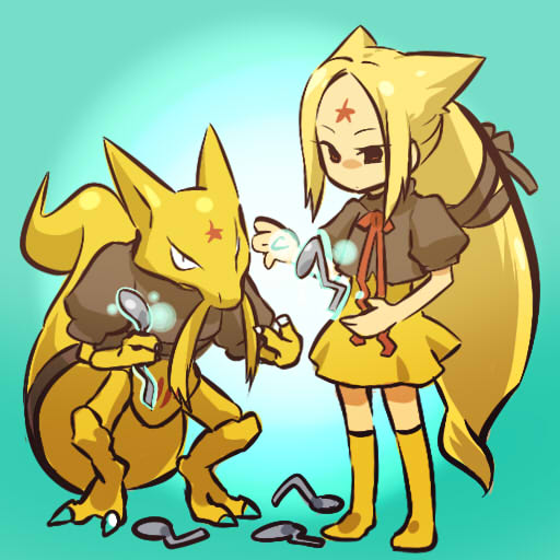 hitec, kadabra, moemon, nintendo, pokemon, pokemon rgby, 1990s (style), 1girl, bent spoon, blonde hair, costume, creature and personification, gen 1 pokemon, holding, holding spoon, long hair, personification, pokemon (creature), retro artstyle, skirt, spoon, telekinesis