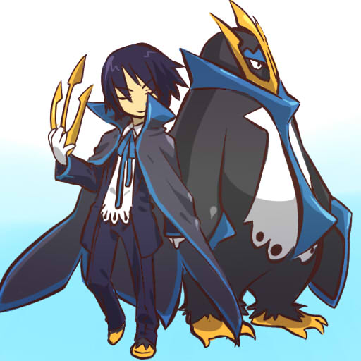 hitec, empoleon, zero (code geass), code geass, moemon, nintendo, pokemon, pokemon dppt, 1boy, blue hair, cape, closed eyes, costume, creature and personification, gen 4 pokemon, male focus, parody, personification, pokemon (creature)