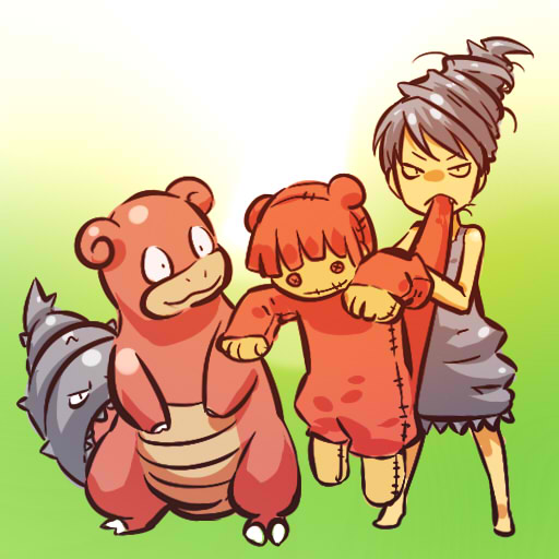 hitec, slowbro, moemon, nintendo, pokemon, pokemon rgby, silver hair, 1990s (style), 1girl, angry, barefoot, biting, creature and personification, doll, dress, drill hair, fang, gen 1 pokemon, personification, pokemon (creature), puppet, retro artstyle, simple background, sleeveless, standing, tail