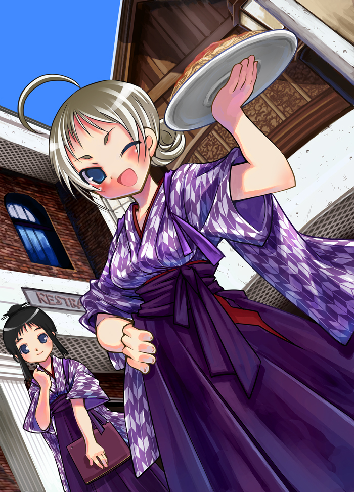 kazuki kiyoto, bashamichi, original, silver hair, traditional clothes, 2girls, :d, ahoge, arrow print, black hair, blonde hair, blue eyes, blush, day, dutch angle, food, hakama, hakama skirt, hand on own hip, japanese clothes, multiple girls, one eye closed, open mouth, outdoors, pasta, plate, purple theme, skirt, smile, spaghetti, tasuki, waitress, wink, yagasuri