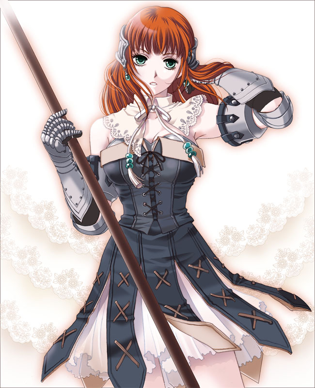 maronee san, nemuri, primiera, primiera (saga), saga, saga frontier 2, md5 mismatch, resolution mismatch, source larger, 1girl, armor, armored dress, dress, earrings, female focus, gloves, green eyes, jewelry, pteruges, red hair, solo, staff, white background